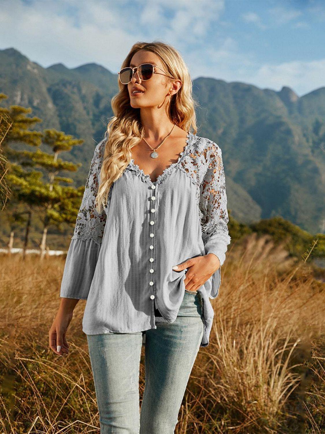 Expand Your Horizons Lace Flounce Sleeve Blouse - MXSTUDIO.COM