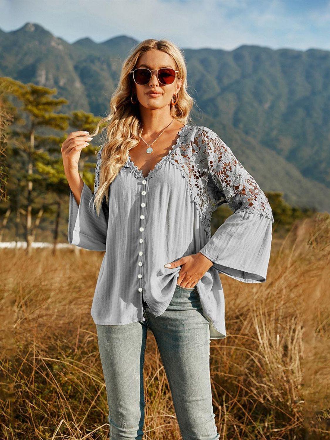 Expand Your Horizons Lace Flounce Sleeve Blouse - MXSTUDIO.COM