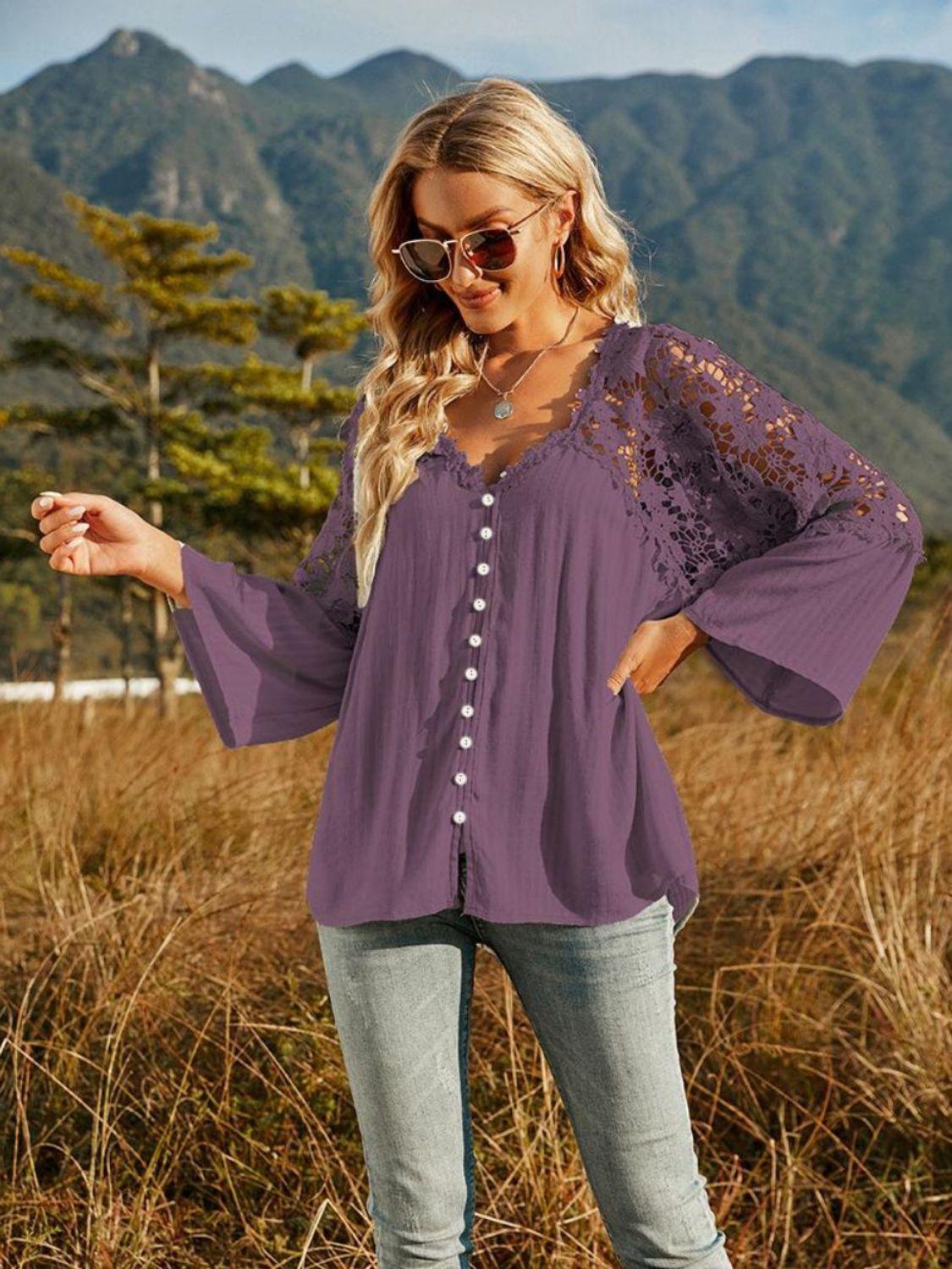 Expand Your Horizons Lace Flounce Sleeve Blouse - MXSTUDIO.COM