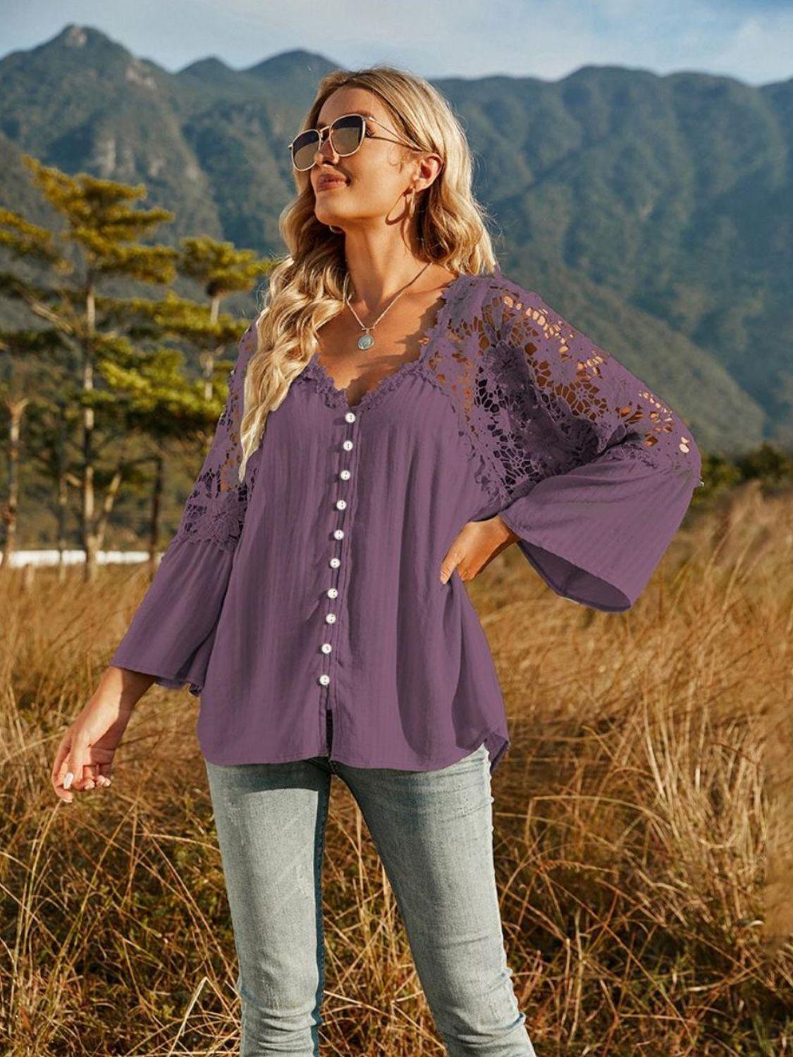 Expand Your Horizons Lace Flounce Sleeve Blouse - MXSTUDIO.COM