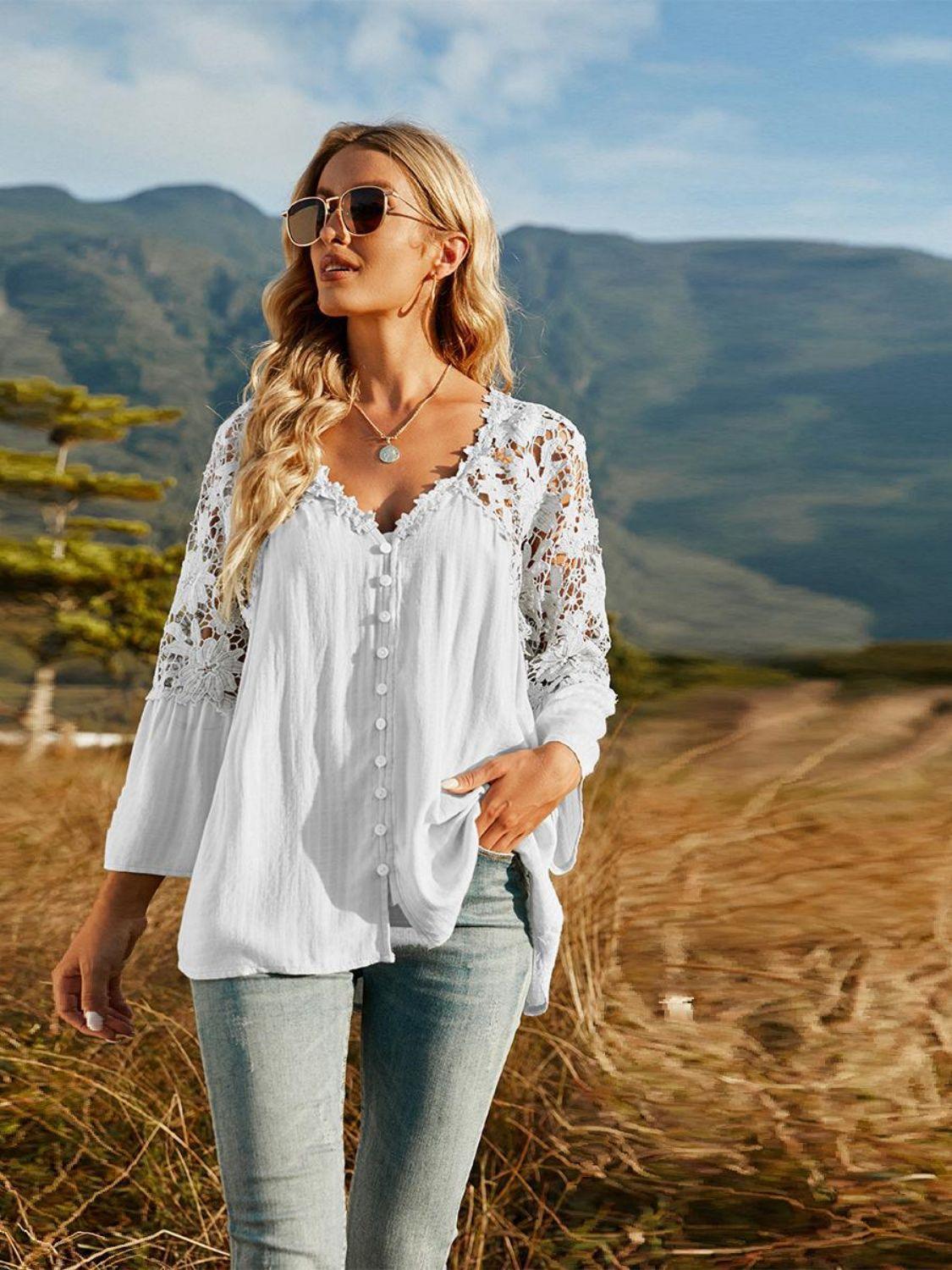 Expand Your Horizons Lace Flounce Sleeve Blouse - MXSTUDIO.COM