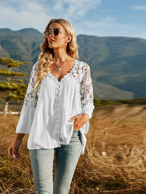 Expand Your Horizons Lace Flounce Sleeve Blouse - MXSTUDIO.COM