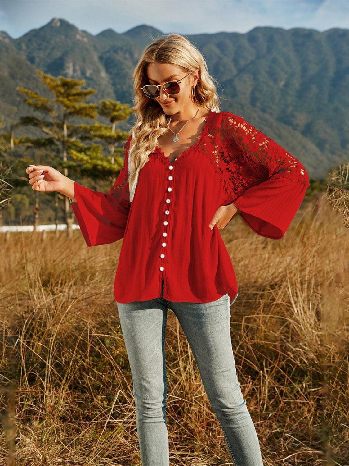 Expand Your Horizons Lace Flounce Sleeve Blouse - MXSTUDIO.COM