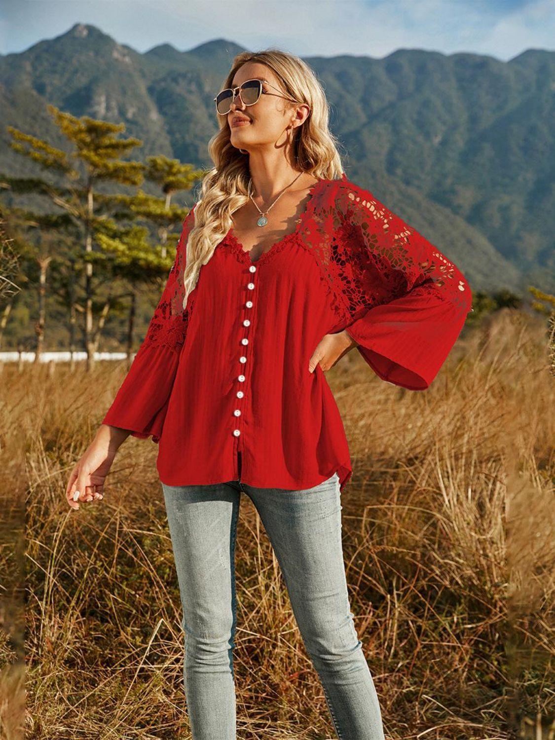 Expand Your Horizons Lace Flounce Sleeve Blouse - MXSTUDIO.COM