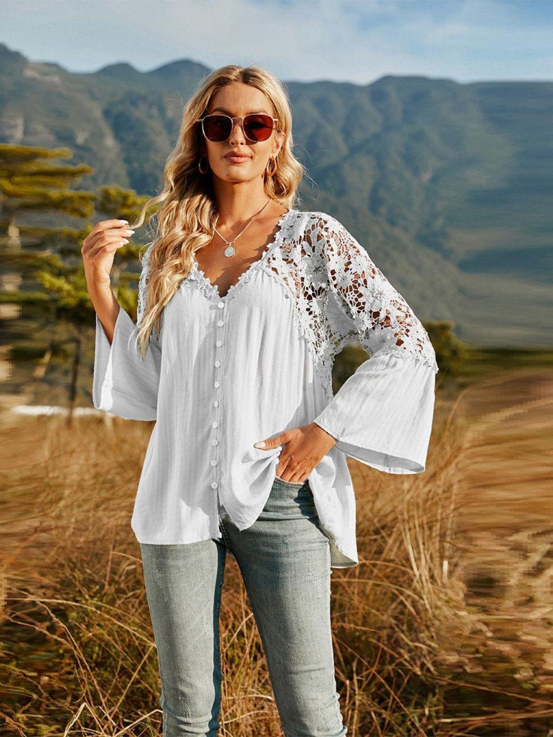 Expand Your Horizons Lace Flounce Sleeve Blouse - MXSTUDIO.COM