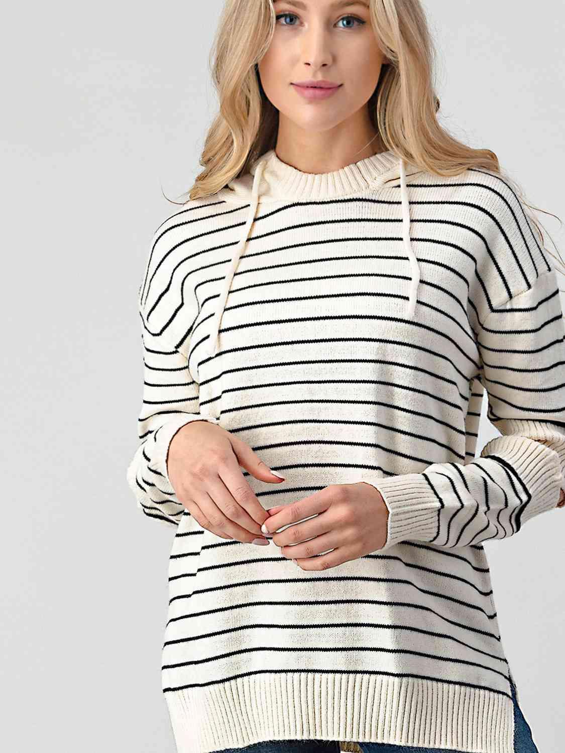 Exposed Elbow Striped Hooded Knit Sweater-MXSTUDIO.COM