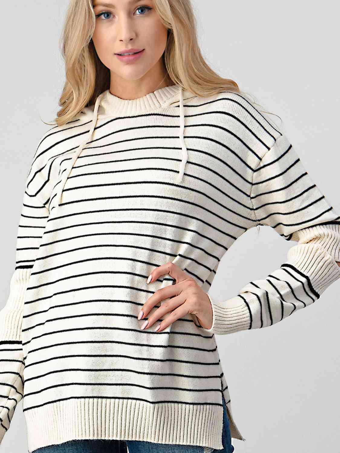 Exposed Elbow Striped Hooded Knit Sweater-MXSTUDIO.COM