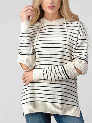 Exposed Elbow Striped Hooded Knit Sweater-MXSTUDIO.COM