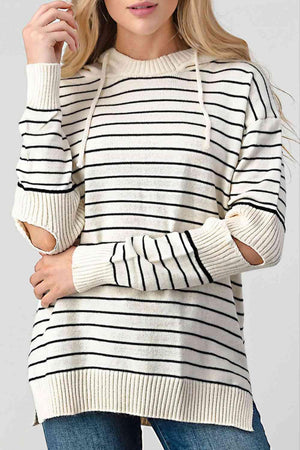 Exposed Elbow Striped Hooded Knit Sweater-MXSTUDIO.COM