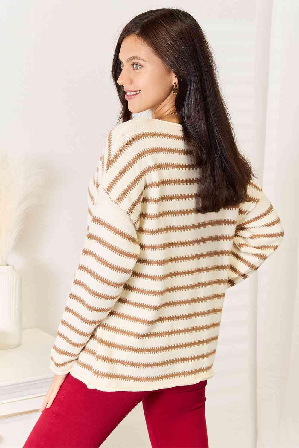 Exposed Seam Boat Neck Women's Striped Sweater - MXSTUDIO.COM
