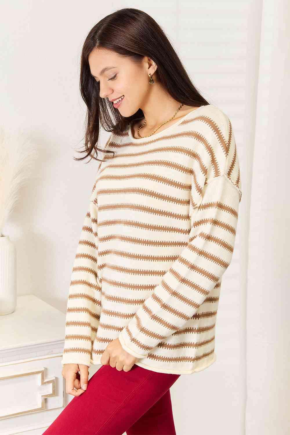 Exposed Seam Boat Neck Women's Striped Sweater - MXSTUDIO.COM