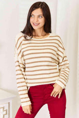 Exposed Seam Boat Neck Women's Striped Sweater - MXSTUDIO.COM