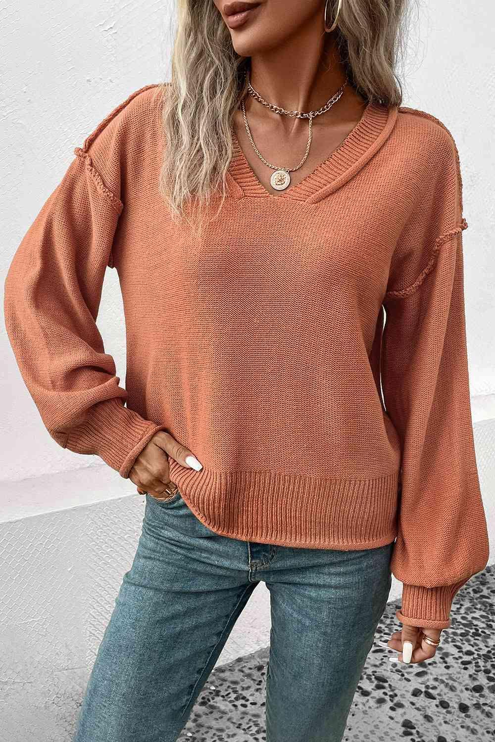 Exposed Seam V Neck Pullover Sweater-MXSTUDIO.COM