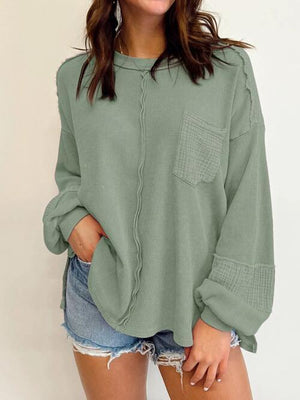 Exposed Seam Waffle Knit Crew Neck Sweater-MXSTUDIO.COM