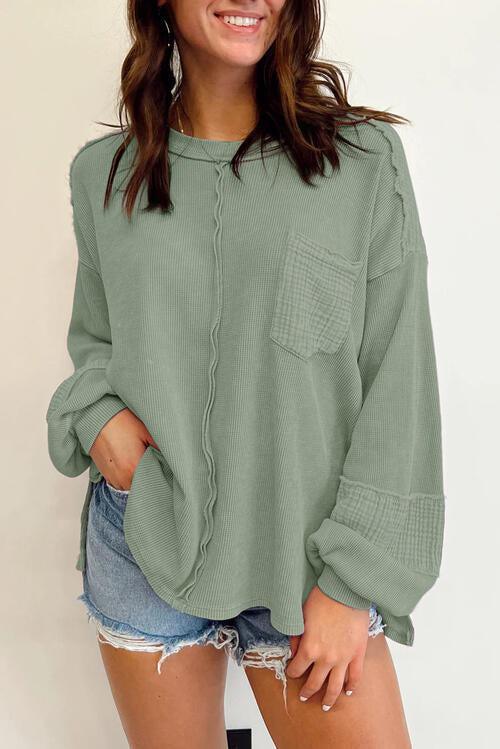 Exposed Seam Waffle Knit Crew Neck Sweater-MXSTUDIO.COM