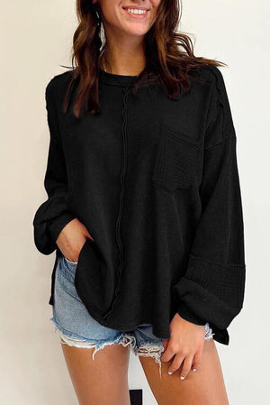 Exposed Seam Waffle Knit Crew Neck Sweater-MXSTUDIO.COM