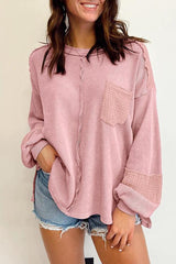 Exposed Seam Waffle Knit Crew Neck Sweater-MXSTUDIO.COM