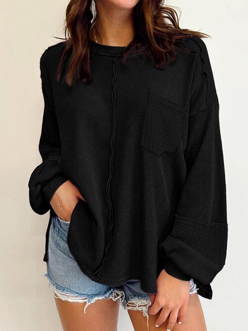 Exposed Seam Waffle Knit Crew Neck Sweater-MXSTUDIO.COM