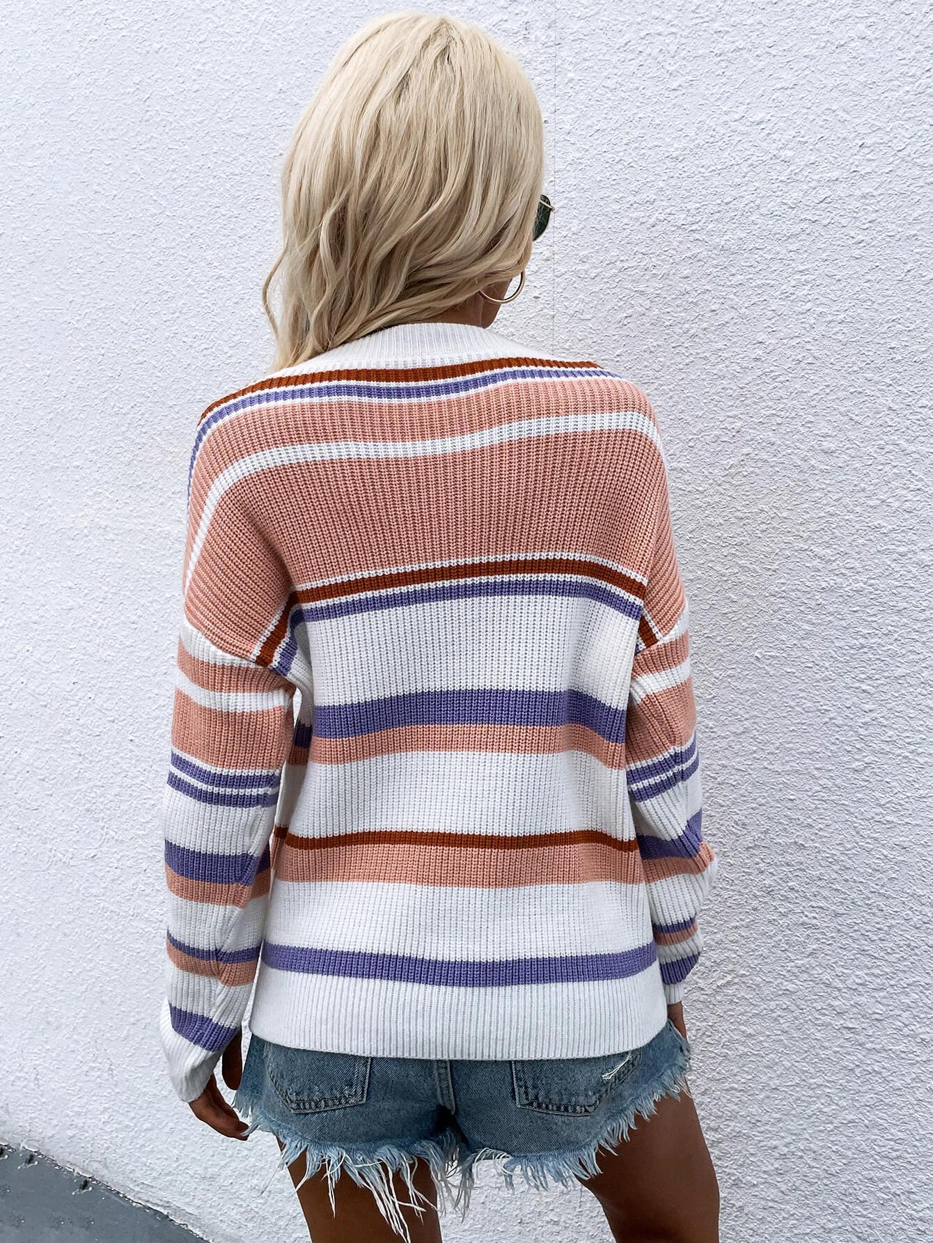 Exquisite Drop Shoulder Striped Pullover Sweater - MXSTUDIO.COM