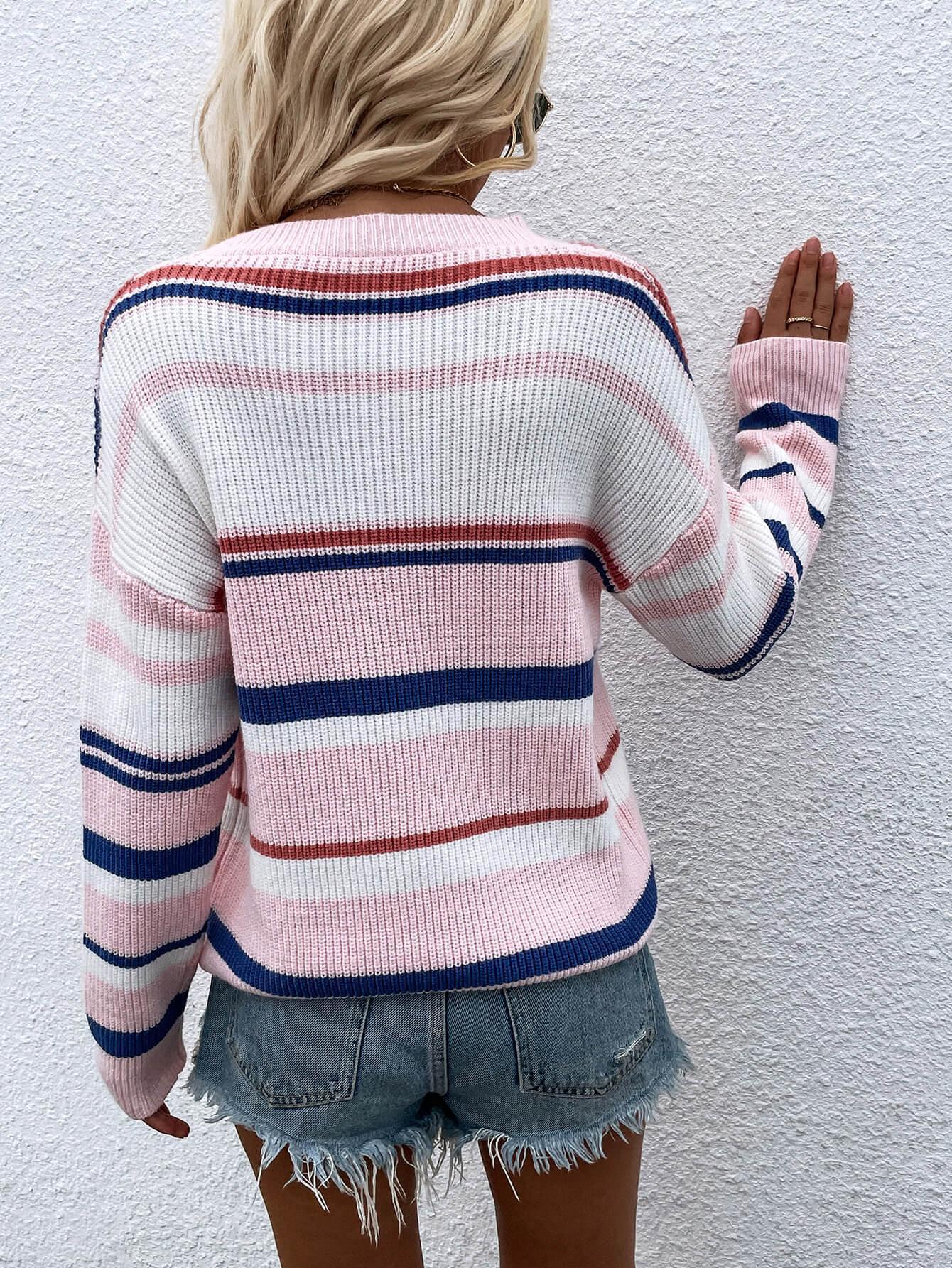 Exquisite Drop Shoulder Striped Pullover Sweater - MXSTUDIO.COM