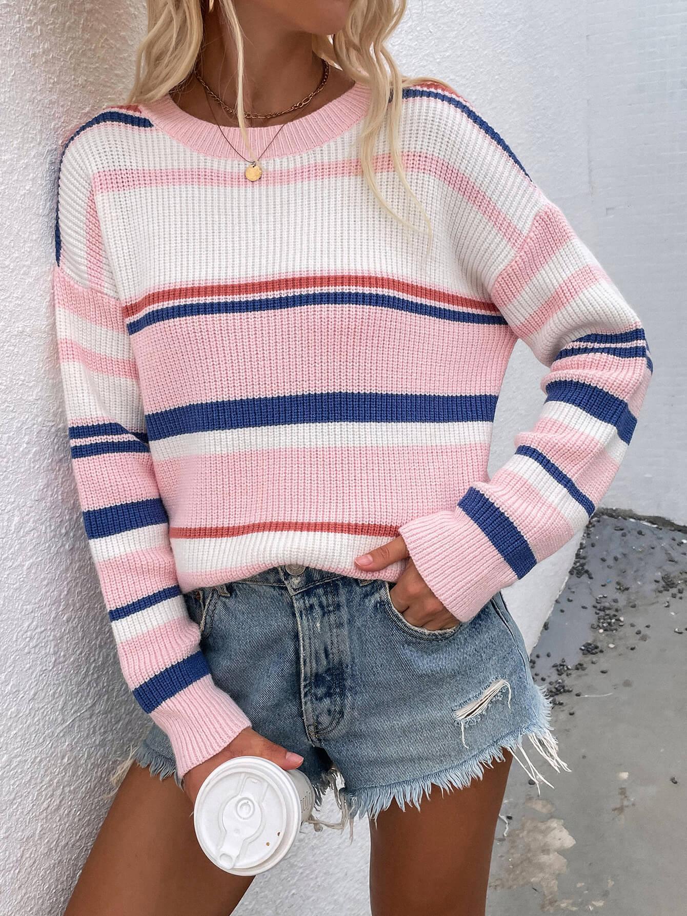 Exquisite Drop Shoulder Striped Pullover Sweater - MXSTUDIO.COM