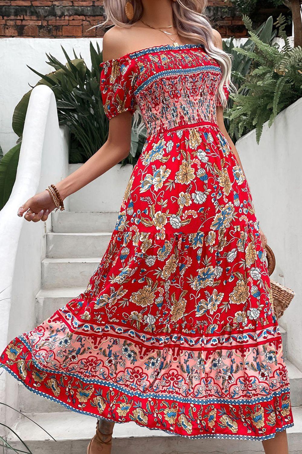 Exquisite Summer Floral Off Shoulder Midi Dress - MXSTUDIO.COM