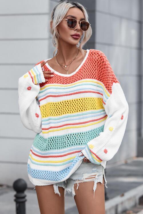 Extra Comfy Open Knit Striped Sweater - MXSTUDIO.COM
