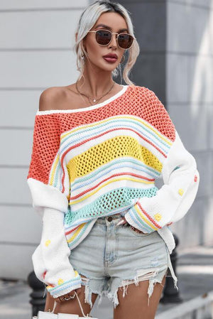 Extra Comfy Open Knit Striped Sweater - MXSTUDIO.COM