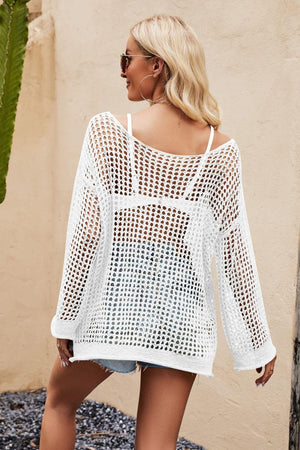 Extra Cushy Openwork Crocket Long Sleeve Cover-Up - MXSTUDIO.COM