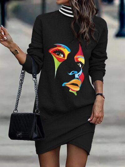 a woman wearing a black dress with a colorful face on it