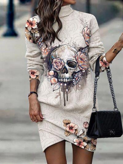 a woman walking down the street wearing a skull sweater dress