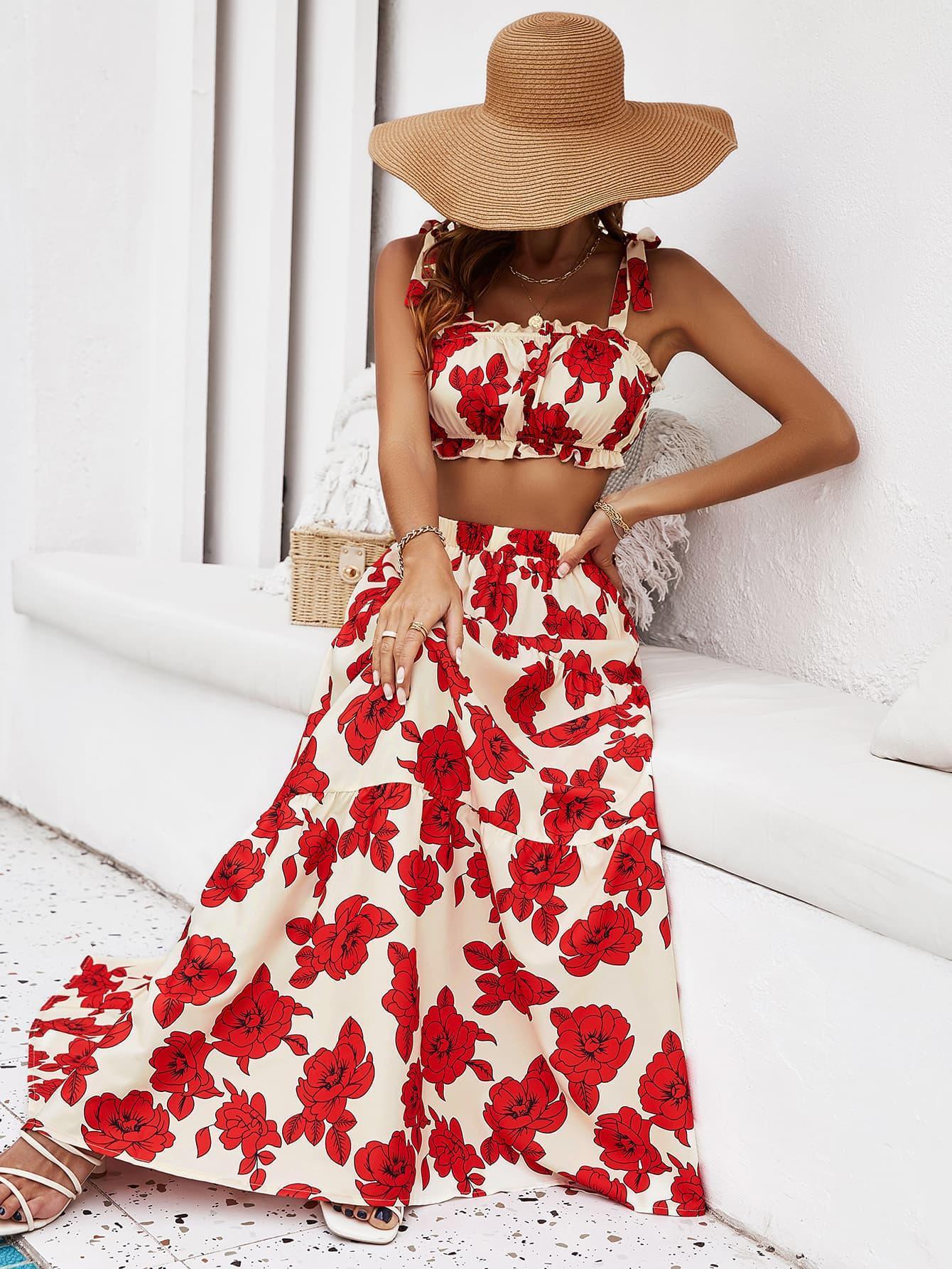 Extravagant Vacation Crop Top Maxi Floral Skirt Set - MXSTUDIO.COM