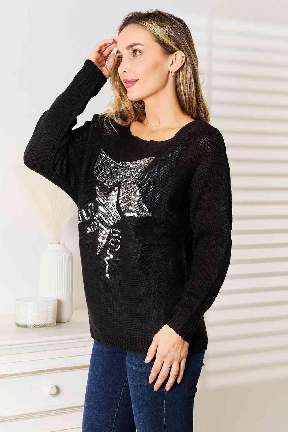 Eye-Catching Sequin Graphic Black Knit Top-MXSTUDIO.COM