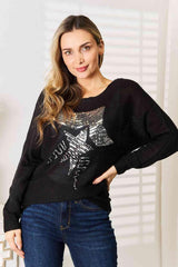 Eye-Catching Sequin Graphic Black Knit Top-MXSTUDIO.COM