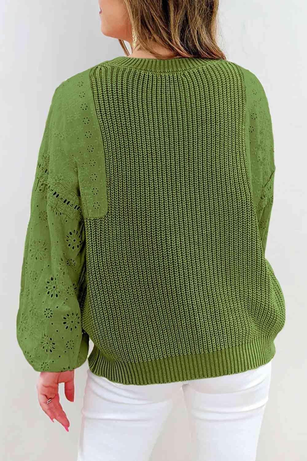 Eyelet Lantern Sleeve Green Knitted Sweater-MXSTUDIO.COM