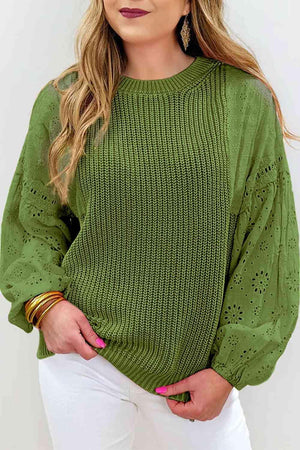 Eyelet Lantern Sleeve Green Knitted Sweater-MXSTUDIO.COM