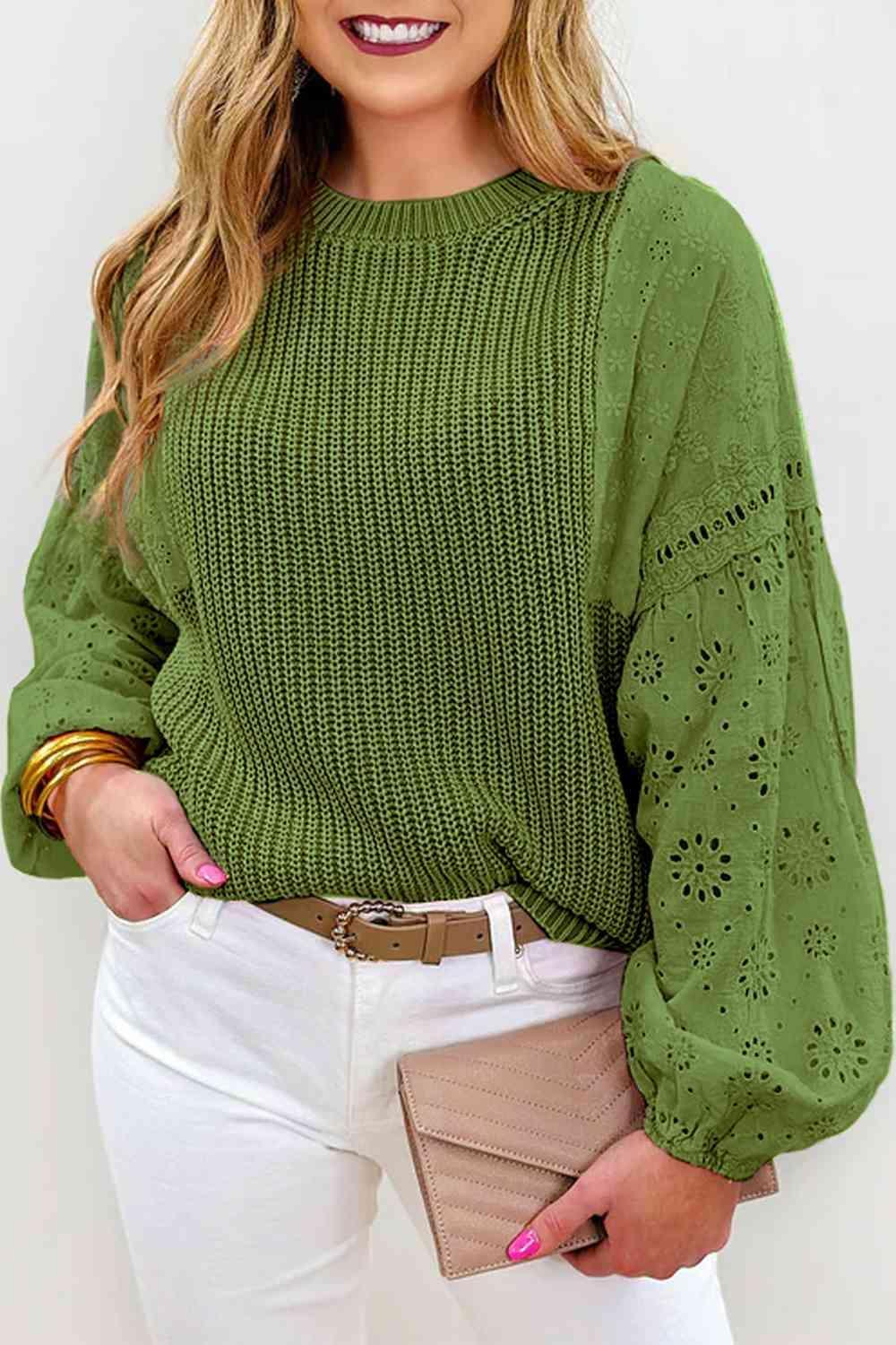 Eyelet Lantern Sleeve Green Knitted Sweater-MXSTUDIO.COM