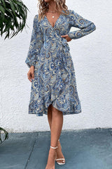 Fabulous Blue Printed Surplice Dress - MXSTUDIO.COM