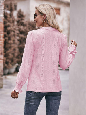 Fabulous Eyelet Notched Neck Long Sleeve Blouse - MXSTUDIO.COM