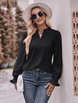 Fabulous Eyelet Notched Neck Long Sleeve Blouse - MXSTUDIO.COM