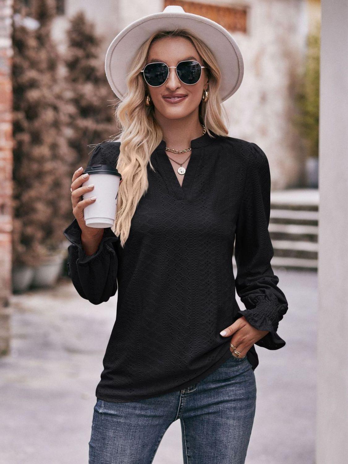 Fabulous Eyelet Notched Neck Long Sleeve Blouse - MXSTUDIO.COM