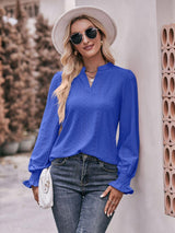 Fabulous Eyelet Notched Neck Long Sleeve Blouse - MXSTUDIO.COM