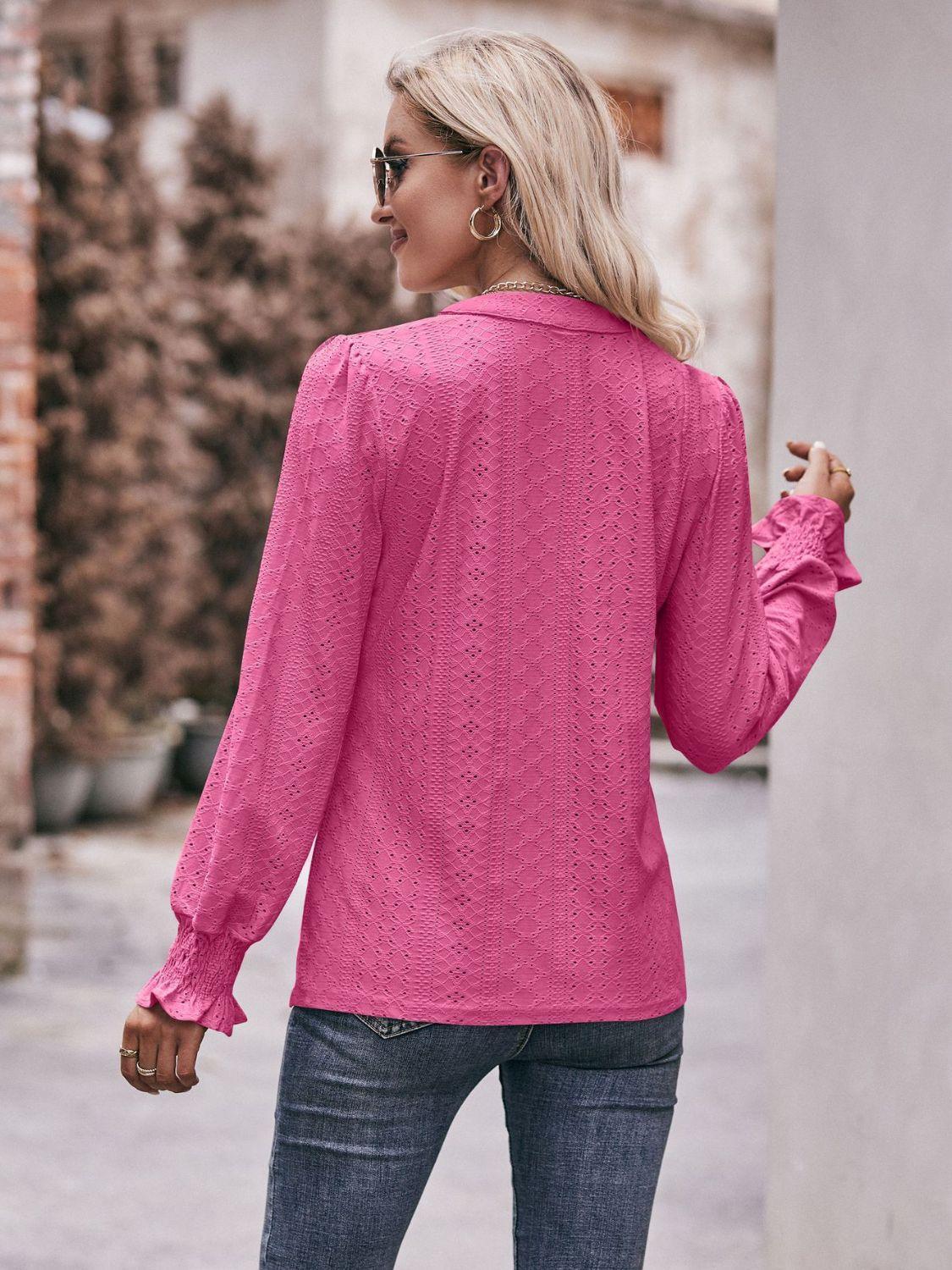 Fabulous Eyelet Notched Neck Long Sleeve Blouse - MXSTUDIO.COM