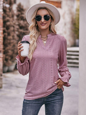 Fabulous Eyelet Notched Neck Long Sleeve Blouse - MXSTUDIO.COM