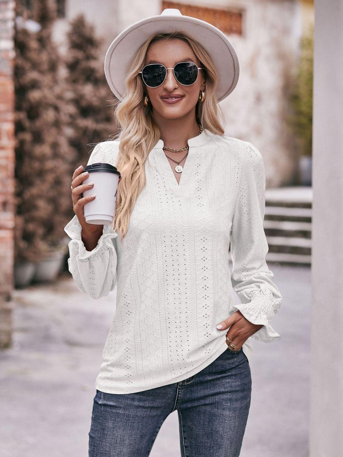 Fabulous Eyelet Notched Neck Long Sleeve Blouse - MXSTUDIO.COM