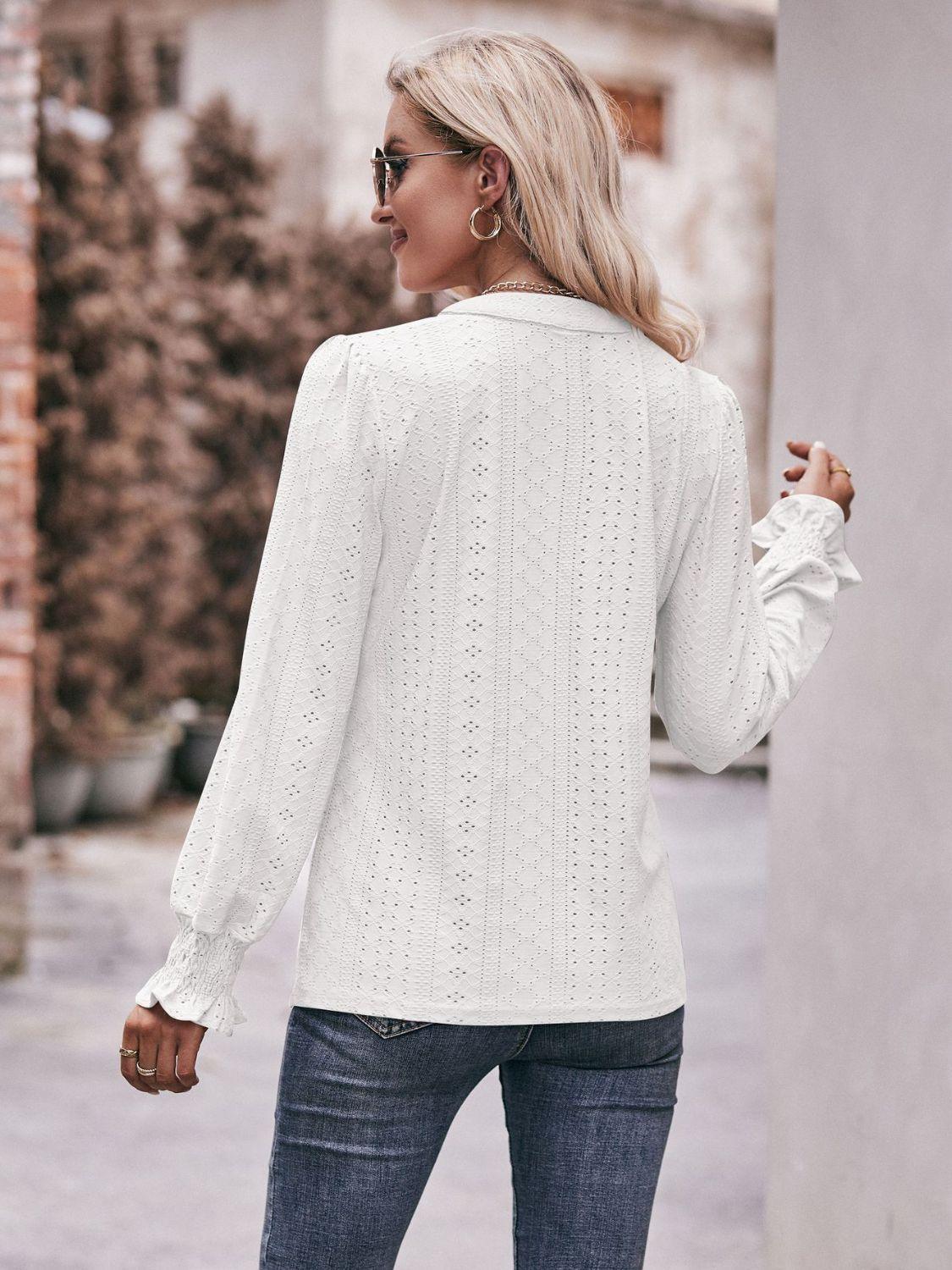 Fabulous Eyelet Notched Neck Long Sleeve Blouse - MXSTUDIO.COM