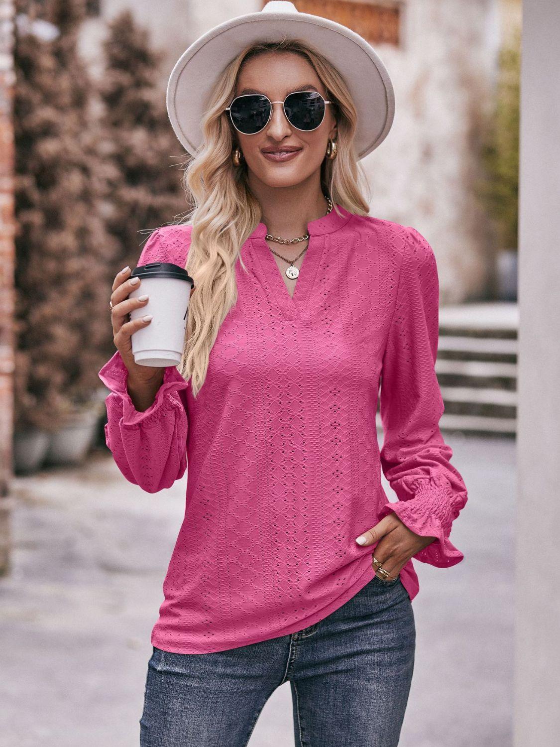 Fabulous Eyelet Notched Neck Long Sleeve Blouse - MXSTUDIO.COM