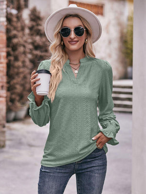 Fabulous Eyelet Notched Neck Long Sleeve Blouse - MXSTUDIO.COM