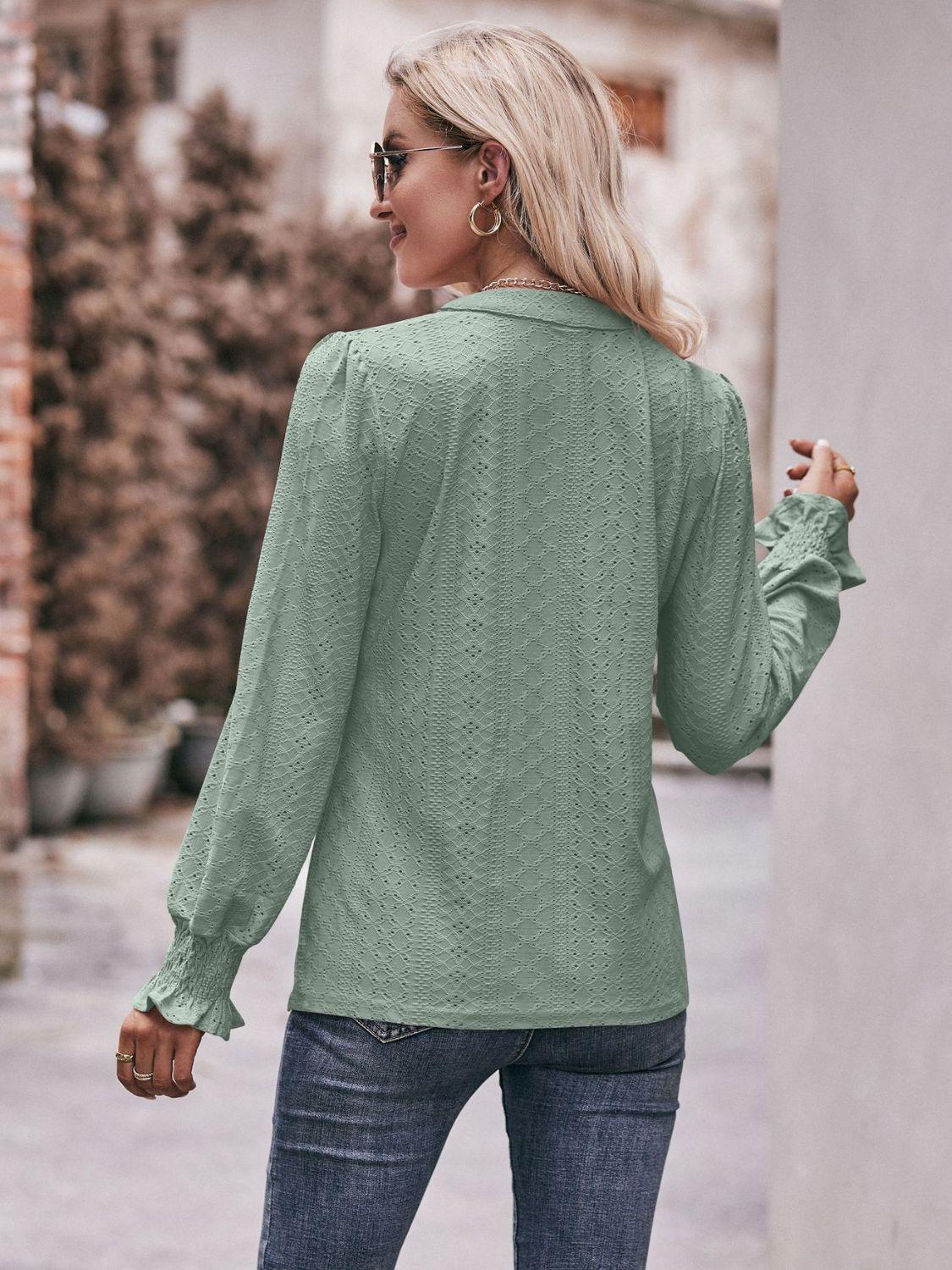 Fabulous Eyelet Notched Neck Long Sleeve Blouse - MXSTUDIO.COM