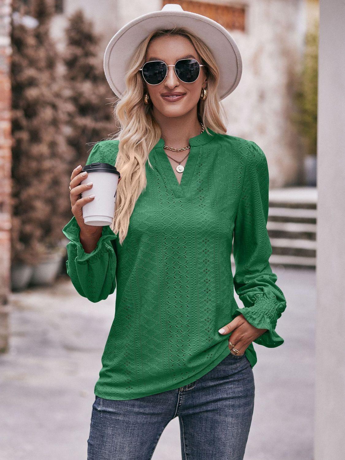 Fabulous Eyelet Notched Neck Long Sleeve Blouse - MXSTUDIO.COM